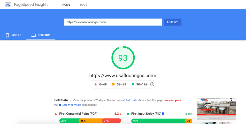 While Wikipedia links are NoFollow â€” which means they donâ€™t directly impact rankings like most backlinks â€” the fact that Google consistently ranks Wikipedia so high in search results still benefits Sweetwater significantly, since visitors to that page may encounter the link. Itâ€™s no coincidence that that same Sweetwater piece ranks on page one for the keyword â€œtrue stereo!â€ 5. Fast page speeds Did you know that 83% of users expect pages to load in three seconds or less? If your site doesnâ€™t meet this expectation, youâ€™ll have quite a few users bouncing from your site â€” which will tell Google that your site isnâ€™t useful to them, causing it to rank lower. To improve your page speeds, you can implement techniques like: Compressing images Caching web pages Limiting redirects You can check your websiteâ€™s page speeds on Googleâ€™s PageSpeed Insights tool, which will give it a score between zero and 100. For an example of a site thatâ€™s managed to achieve an impressively high score, we can look at USA Flooring.